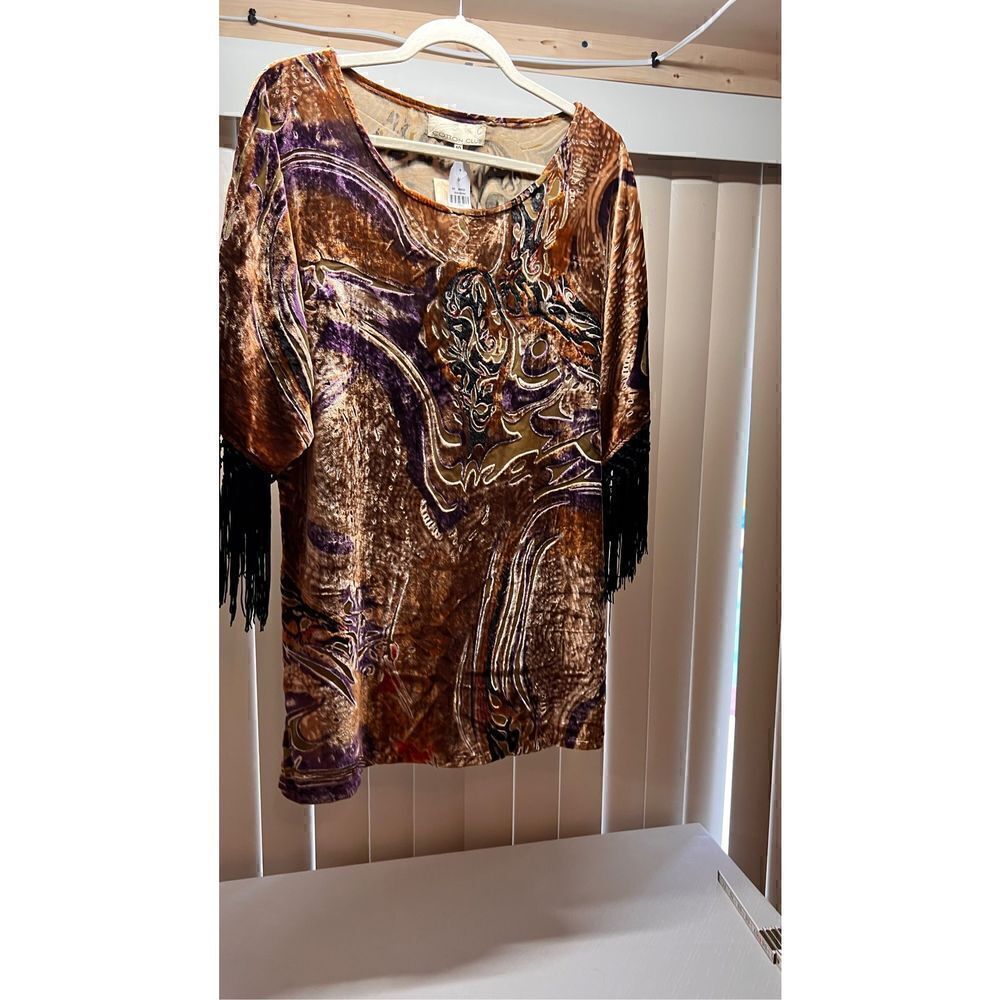COTTON CLUB BROWN VELOUR PAISLEY SHIRT FRINGE SLEEVES SIZE 10 NEW